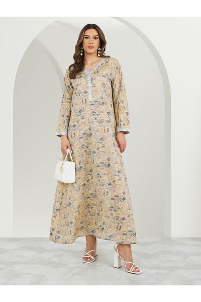Styli All-Over Print Lace Detail V-Neck A-Line Jalabyia