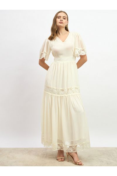 Styli Plain Flared Sleeves Tiered Maxi Dress with Lace Trim