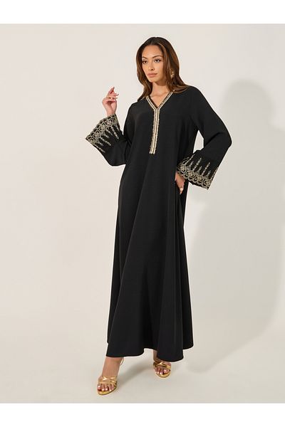 Styli Lace Trim Detail V-Neck A-Line Jalabyia