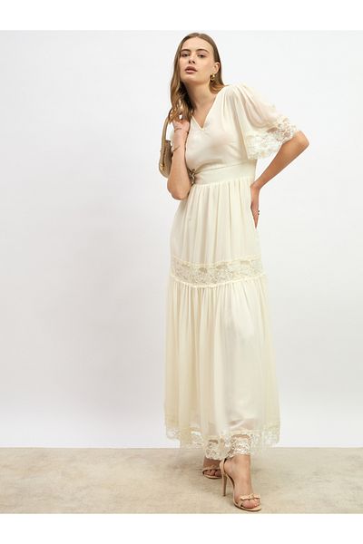 Styli Plain Flared Sleeves Tiered Maxi Dress with Lace Trim