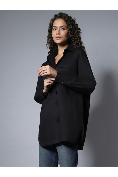 High Star By Styli Solid Pocket Detail Longline Regular Fit Shirt