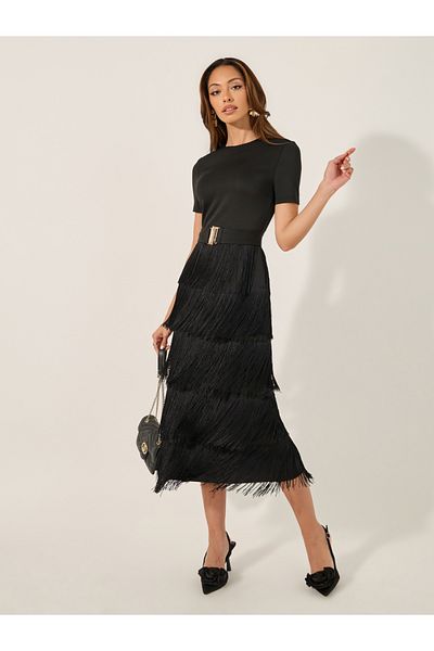 Styli Fringe Hem Detail Short Sleeves Sheath Midi Dress