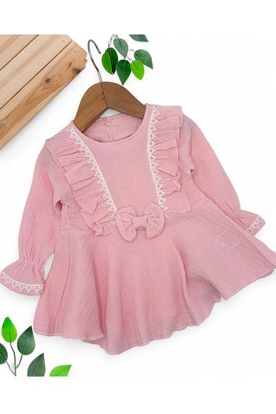 VEGAMOD Baby Girl Fistan Dress, Detailed Bow Floral Duplayic Flower Dress (6-9-12-18-24 Months)