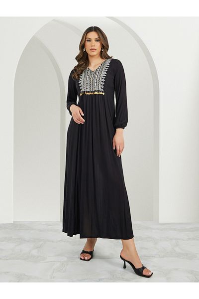 Styli Textured Embroidered V-Neck A-Line Jalabyia with Coins Tassel Detail