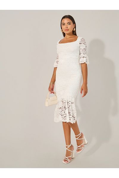Styli Lace 3/4th Sleeves Mermaid Midi Dress