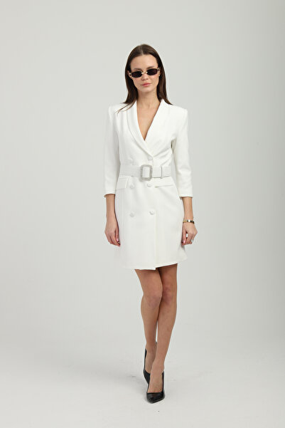 Milamia Mono Yaka Çıkarılabilir Kemerli Uzun Beyaz Kruvaze Ceket