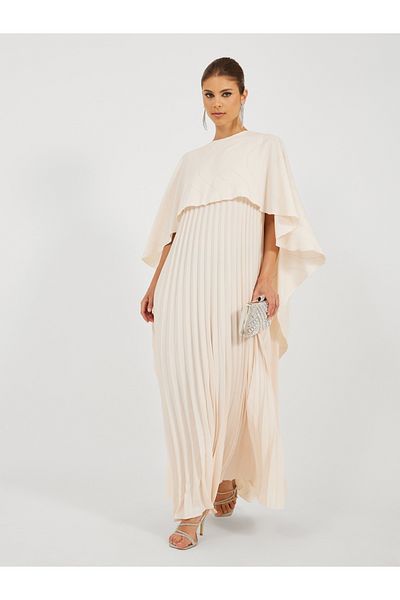Styli Solid Pleated Cape Sleeve A-Line Maxi Dress