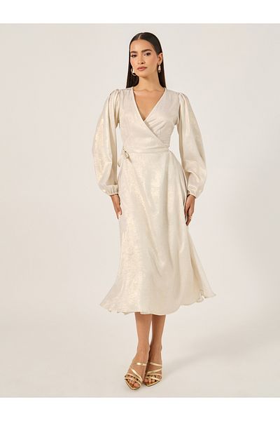 Styli Foil Print Long Sleeves Wrap Midi Dress