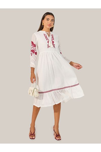 Styli Embroidered Long Sleeves A-Line Midi Dress
