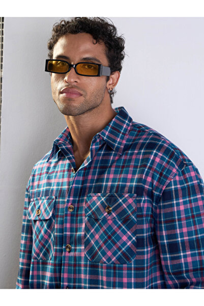 Mascln Sassafras By Styli Blue and Pink Check Flap Pocket Oversize Shirt