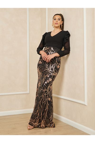Styli Sequin Long Sleeves Mermaid Hem Maxi Dress