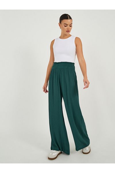 Styli High Rise Smocked Waistband Wide Leg Pants