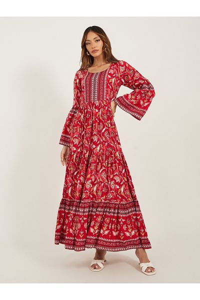 Styli Floral Print Bell Sleeves A-Line Maxi Dress
