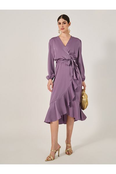 Styli Balloon Sleeves Ruffled Detail Wrap Midi Dress