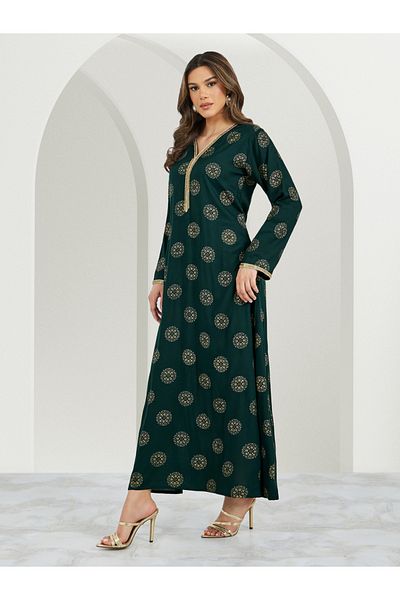 Styli All-Over Print Lace Detail V-Neck A-Line Jalabyia