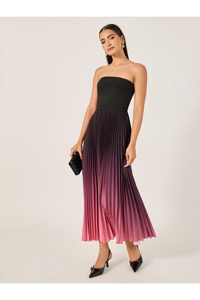 Styli Ombre Accordion Pleated Strapless A-Line Midi Dress