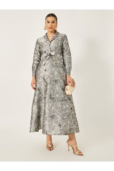 Styli Jacquard Collared Long Sleeves A-Line Maxi Dress