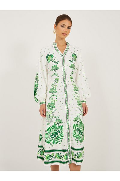 Styli Printed Balloon Sleeve A-Line Midi Dress