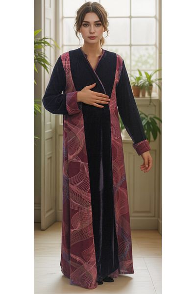 Generic Black cashmere abaya with burgundy cashmere embroidery on the sides