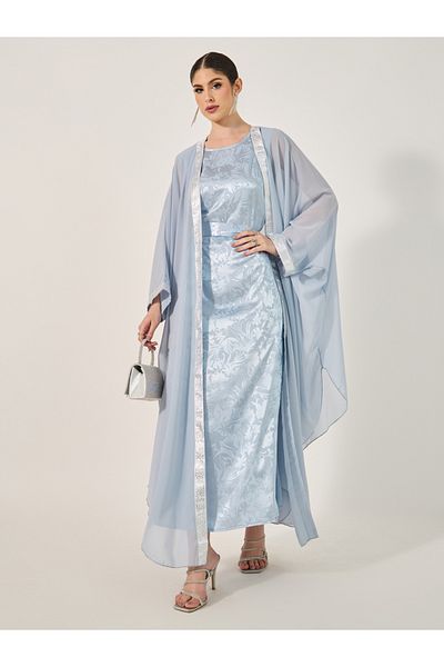 Styli Jacquard Batwing Sleeve Abaya with Inner Belted Dress Set