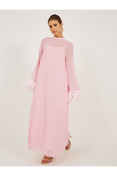 Styli Plain Long Sleeves Feather Hem Shift Maxi Dress