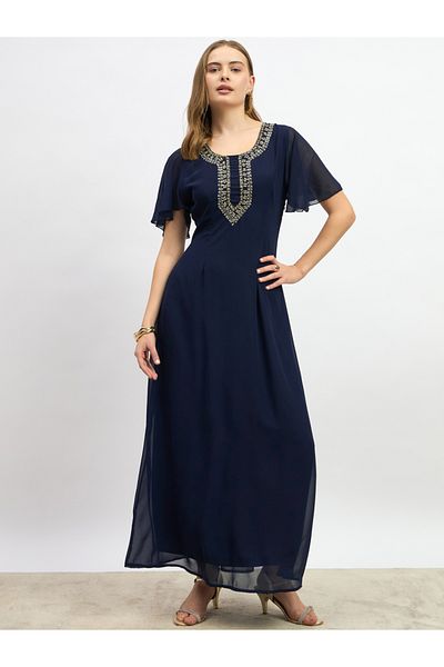 Styli Embellished Short Sleeves A-Line Maxi Dress