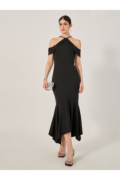 Styli Plain Cold Shoulder Sleeves Mermaid Maxi Dress
