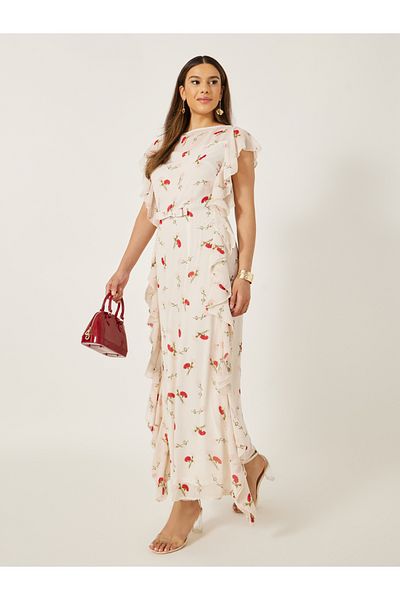 Styli Printed Ruffled Hem Sleeveless Sheath Maxi Dress