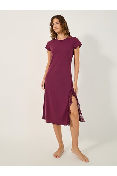 Styli Round Neck Lace Insert Front Slit Sleep T-Shirt