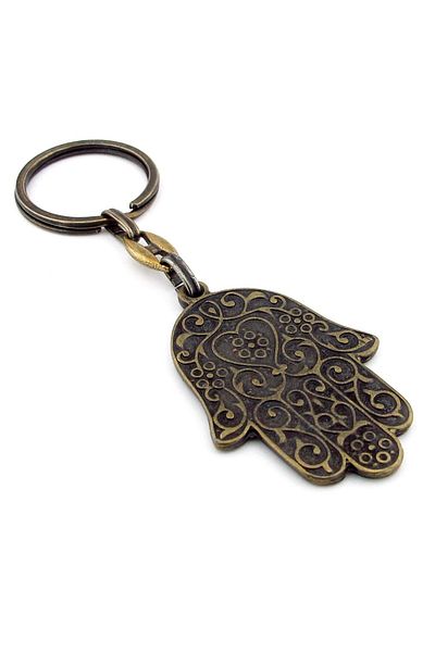 Solfera Fatma Ana Hand Khamsa - Traditional Evil Eye Antique Yellow Metal Keychain Kc231