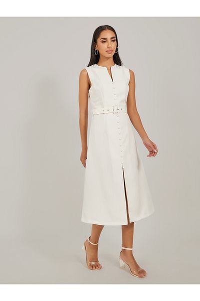 Styli Solid Sleeveless A-Line Midi Dress with Belted Detail