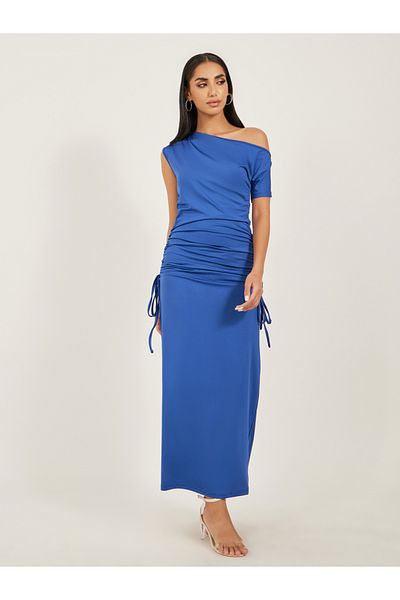 Styli Ruched Side Asymmetric Neck Bodycon Maxi Dress