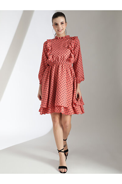 Kotty By Styli Polka Dot Print Layered Fit and Flare Knee Length Dress