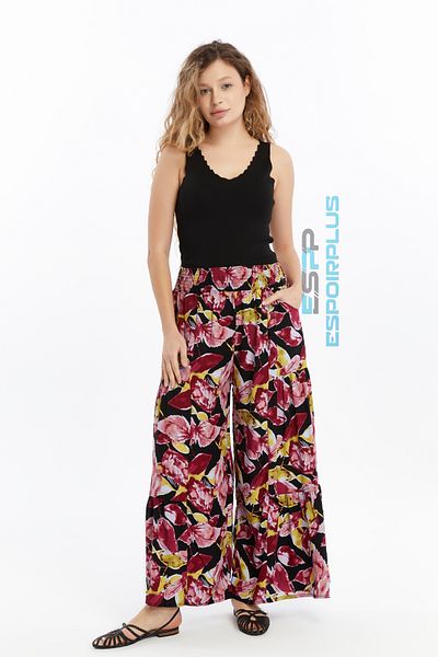 ESPOİRPLUS Women's Leaf Patterned Gathered Lycra Woven Trousers Skirt