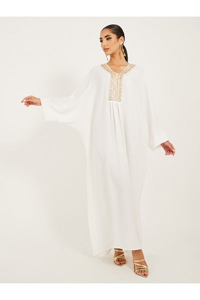 Styli Embroidered V-Neck Batwing Sleeve A-Line Jalabyia