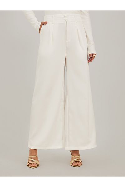 Styli Pleated Wide Leg Pants with Double Buttoned Waistband