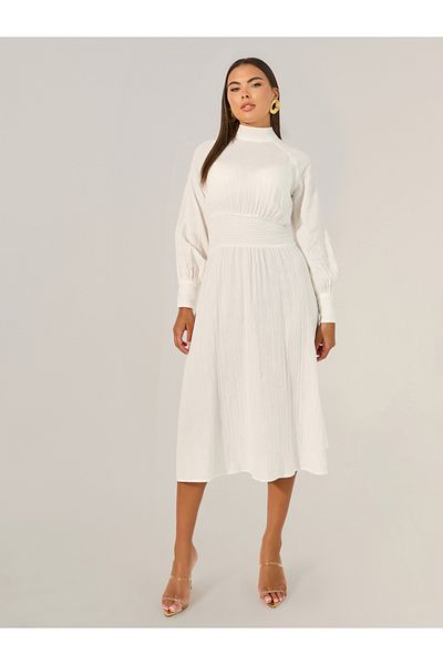 Styli Plain Smocked Waist A-Line Midi Dress