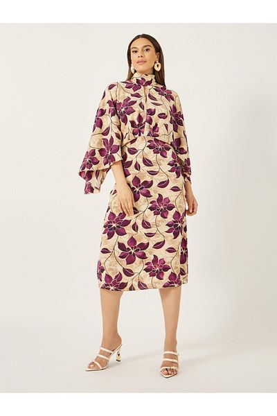 Styli Print Satin Long Sleeves Sheath Midi Dress