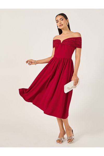 Styli Solid Off Shoulder Neck A-Line Midi Dress
