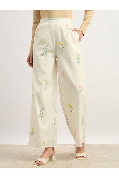 Styli Floral Embroidered Wide Leg Pants with Side Zip Closure