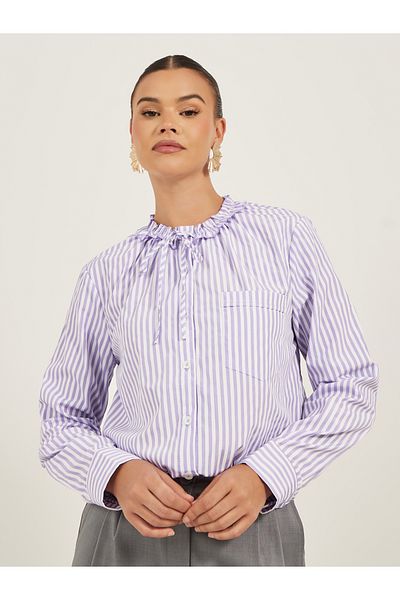 Luxewave By Styli Striped Ruffled Neck Regular Fit Shirt