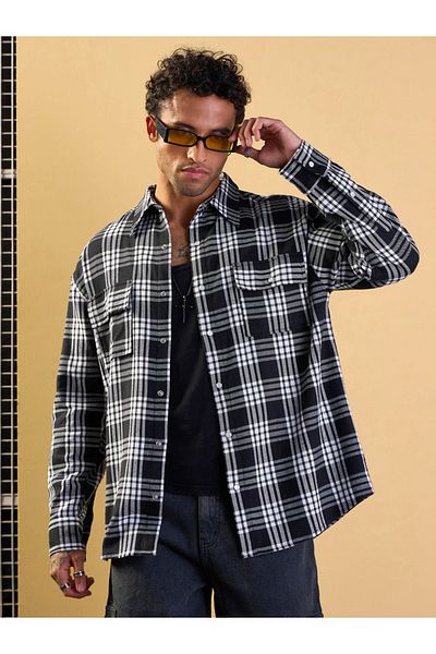 Mascln Sassafras By Styli Black and White Check Flap Pocket Oversize Shirt