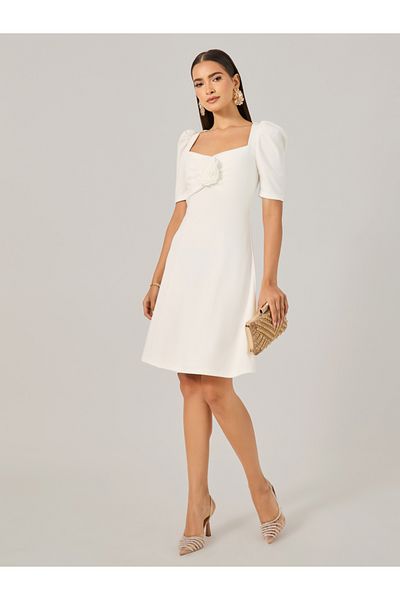 Styli Corsage Detail Puff Sleeves A-Line Mini Dress