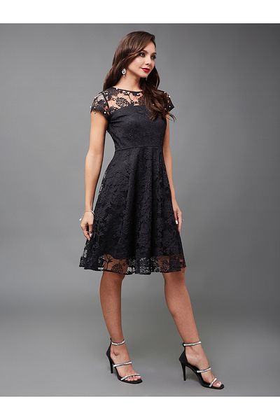 Styli Faux Pearl Embellished Lace A-Line Mini Dress