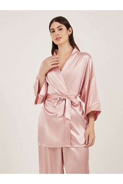 Styli Satin Tie Waist Kimono and Pyjama Set