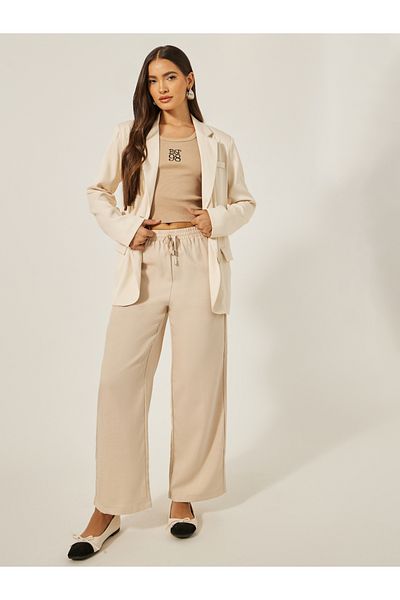 Styli Mid Rise Wide Leg Pants with Drawstring