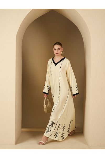 Styli Textured Contrast V-Neck Printed A-Line Jalabyia