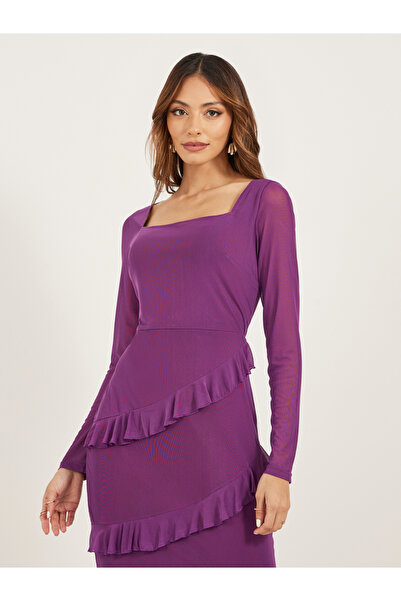 Styli Ruffle Detail Mesh Sleeves Mermaid Maxi Dress