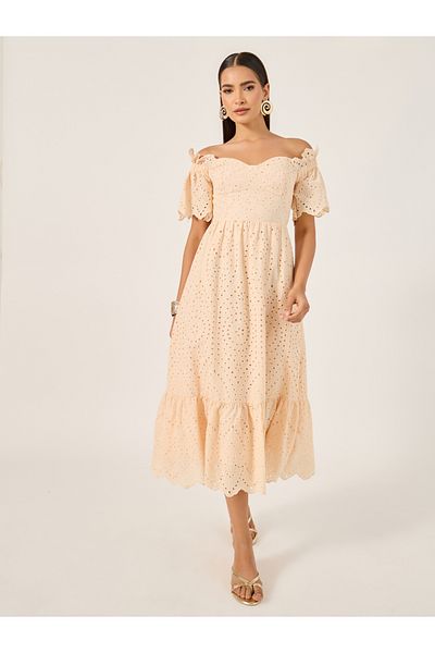 Styli Schiffli Off Shoulder A-Line Midi Dress