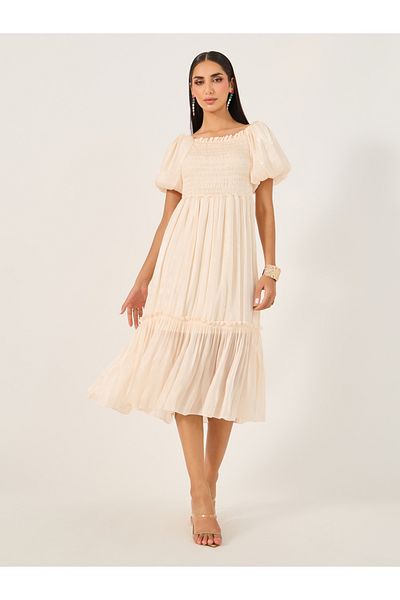 Styli Smocked Detail Puff Sleeves A-Line Midi Dress